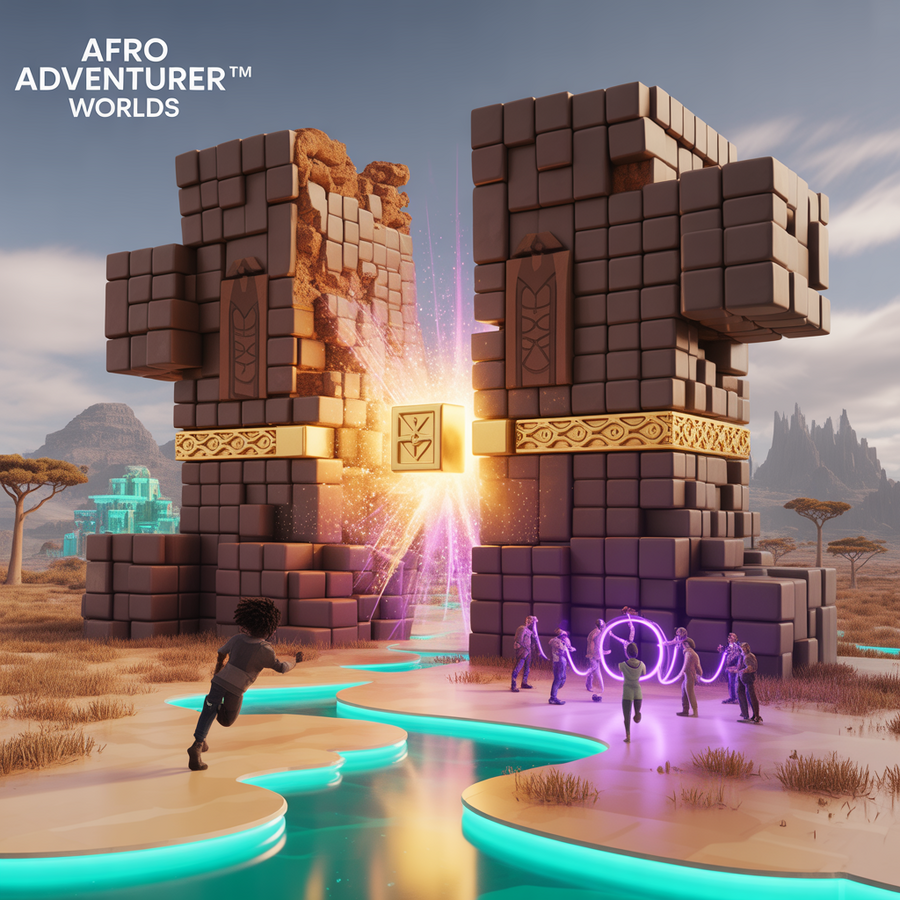 Player character running across teal river toward golden voxel archway flanked by twin towers