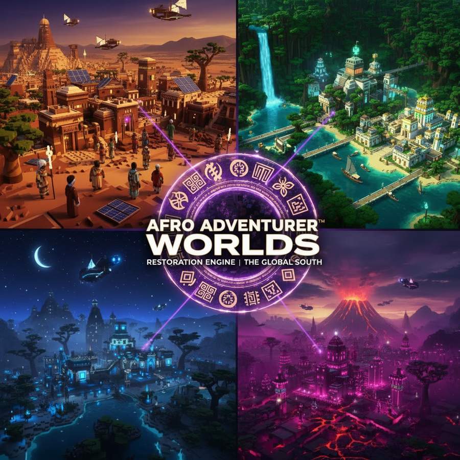 Four worlds mosaic showing African, Caribbean, Latinx, and futurist biomes with central Adinkra ring