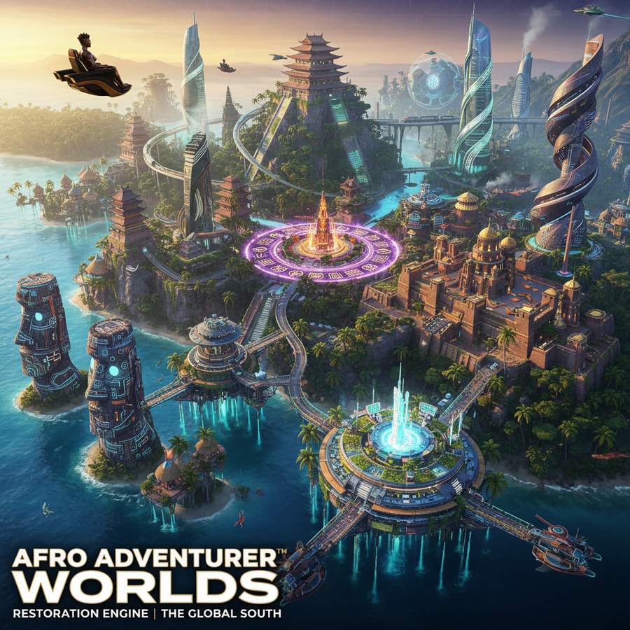 Aerial panoramic of an Afrofuturist capital with pyramids, towers, and teal waterways