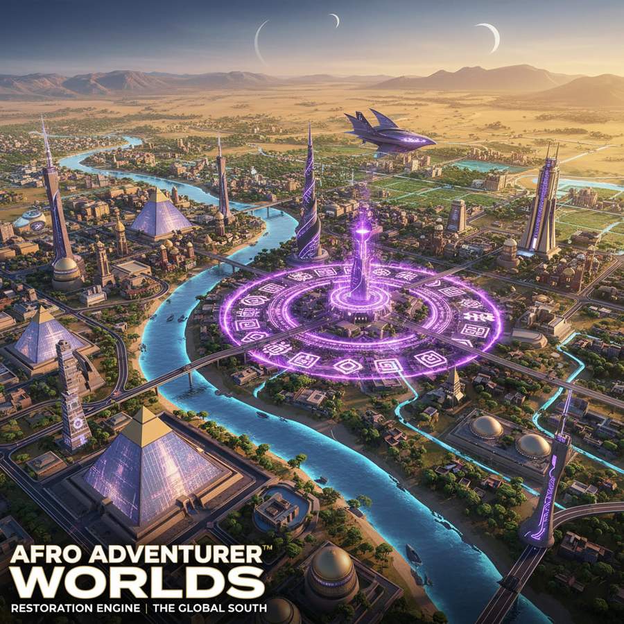 Aerial of pyramid capital with purple sovereign seal and glowing blue river network