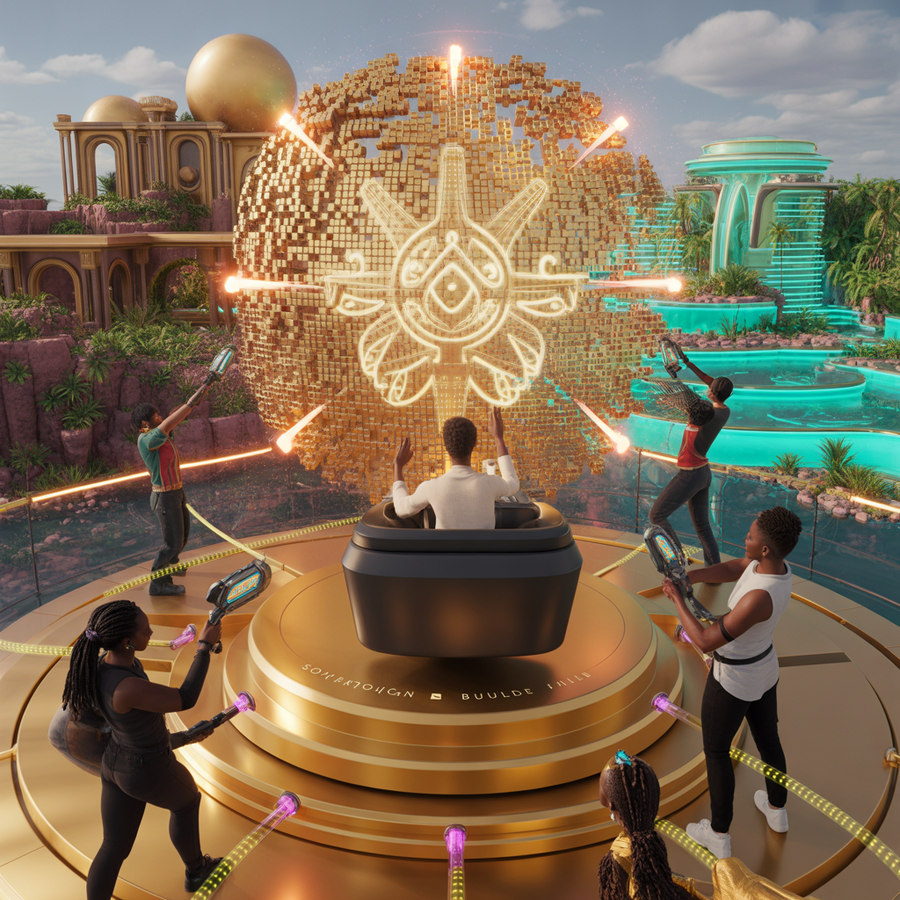 Four players with controllers building a collaborative golden voxel sphere