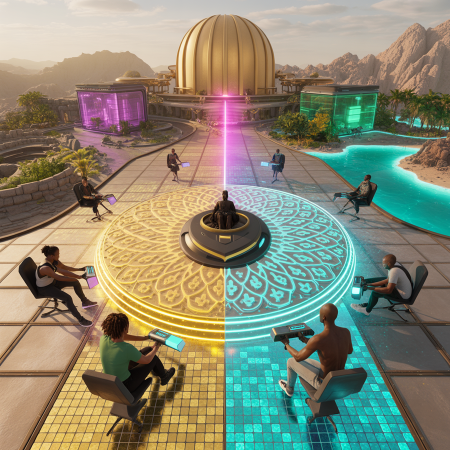 Six players in aerial circle around a central dome using devices to co-create