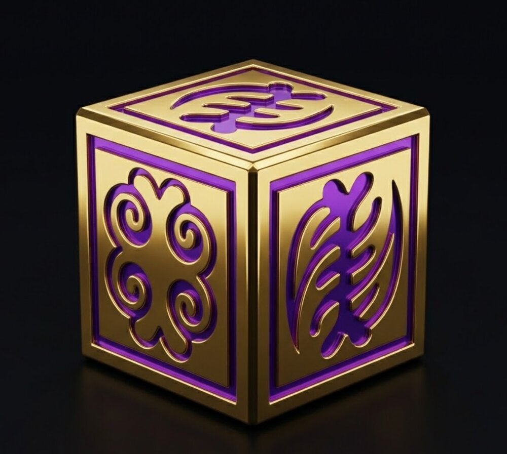 Close-up of a gold and purple voxel block inscribed with Adinkra symbols