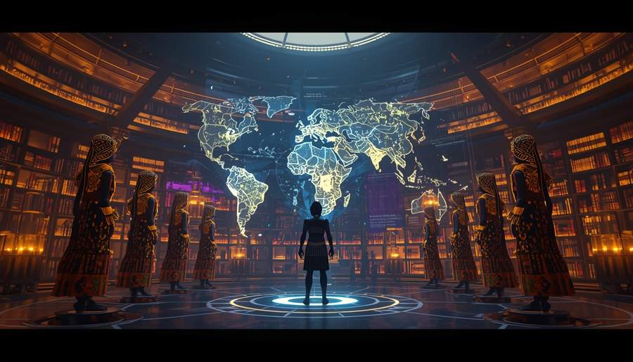 Interior archive with player character before matriarchal oracles and holographic world map