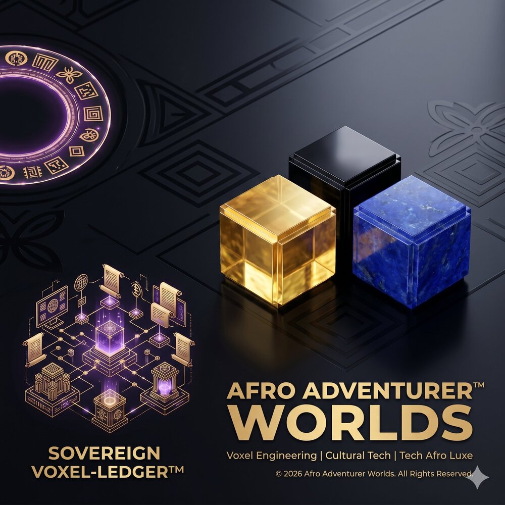 Three voxel blocks — gold, lapis blue, and obsidian — on a dark ceremonial surface with brand mark
