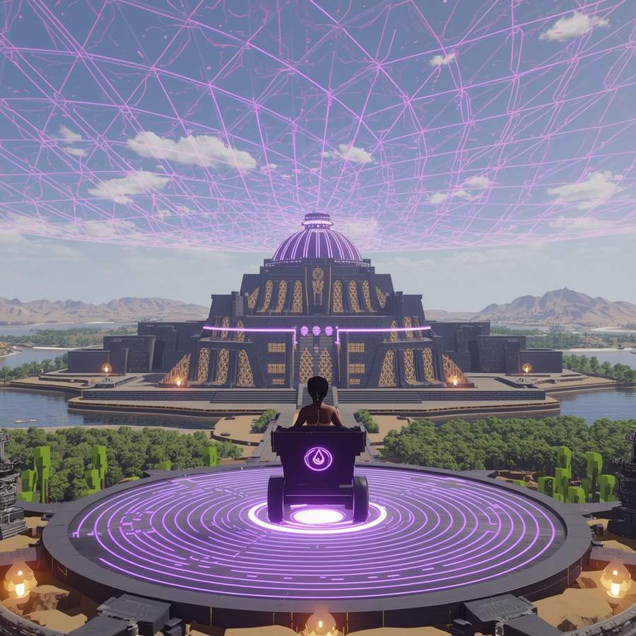 Solitary figure on a purple broadcast dais gazing at a monumental sovereign citadel
