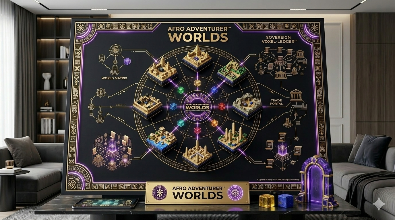 Three voxel blocks — gold, lapis blue, and obsidian — on a dark ceremonial surface with brand mark